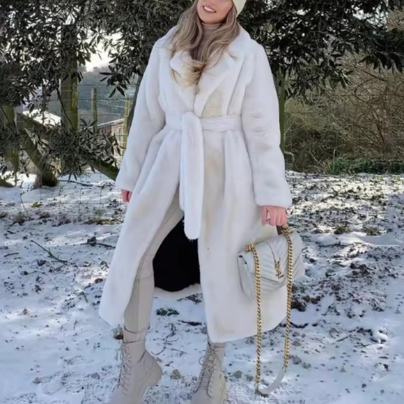 Jackets & Blazers - Luxury Winter Long Overcoats Women Oversized Lapel Belted Faux Rabbit Fur Coat